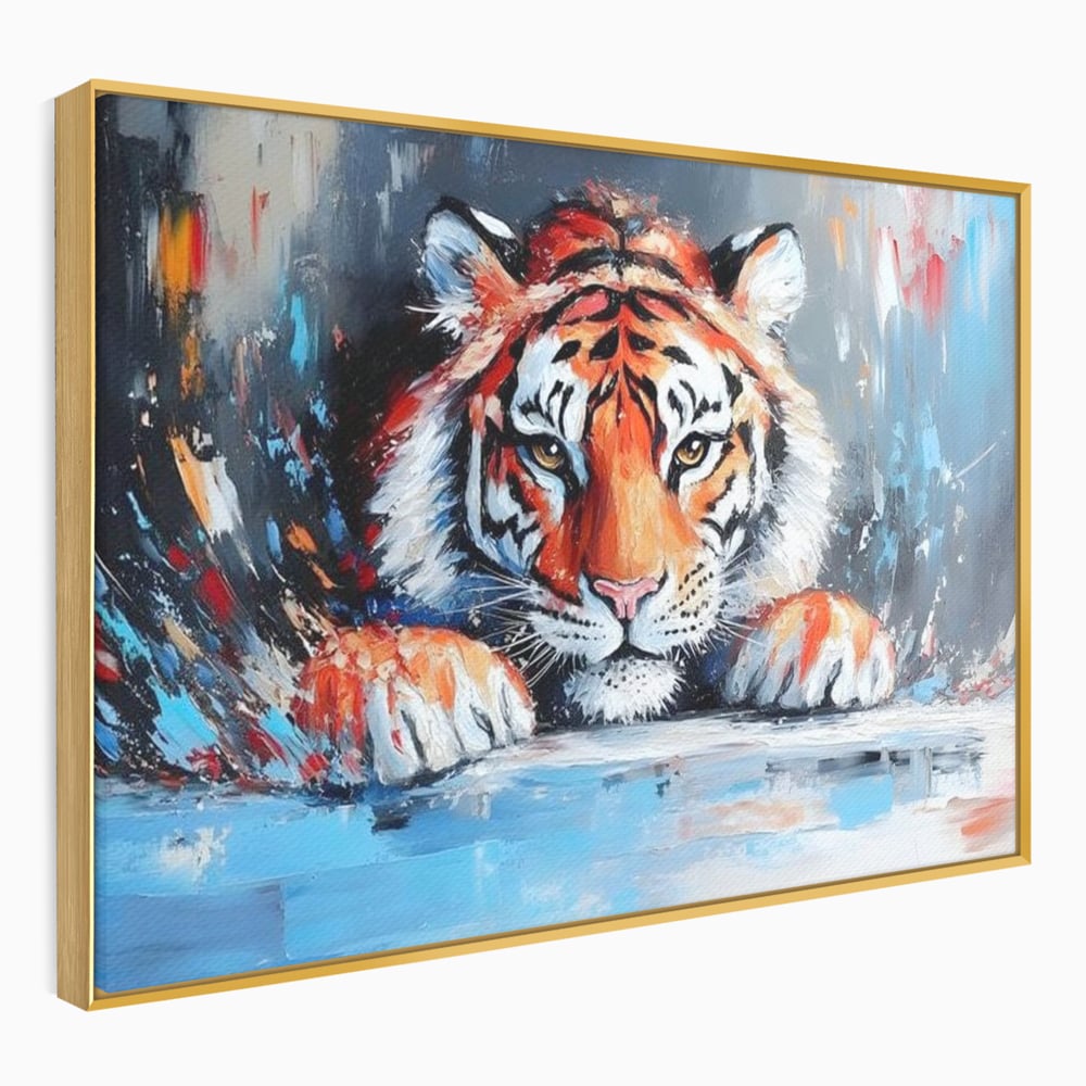Tablou canvas cu tablou canvas cu pictura de tigru, in rama de aluminiu auriu